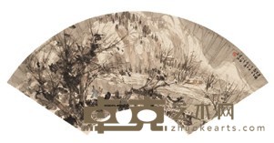 傅抱石 1947年作 携琴访友 扇面镜心 18.6X50.7cm